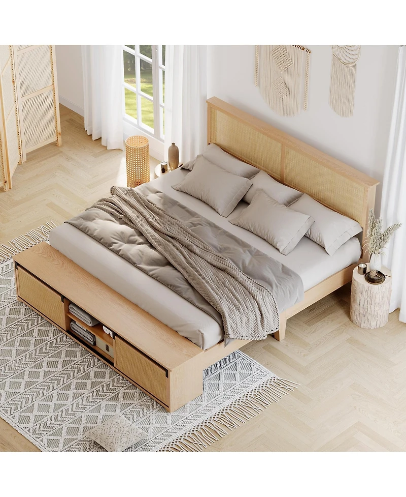homfan Rattan Platform Bed with Sliding Barn Door Storage Cabinets, Led Headboard, Boho Farmhouse Design, Wooden Leg Support