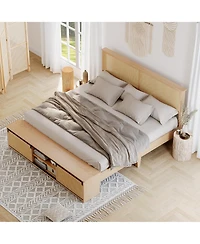 homfan Rattan Platform Bed with Sliding Barn Door Storage Cabinets, Led Headboard, Boho Farmhouse Design, Wooden Leg Support