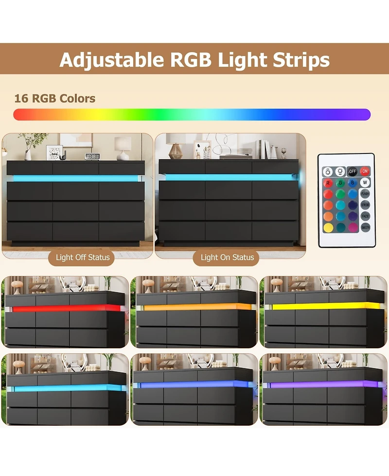 gaomon 59" 12 Drawer Dresser with Led Lights, Wooden Storage Cabinet, Handle-Free, Anti-Tipping, for Bedroom