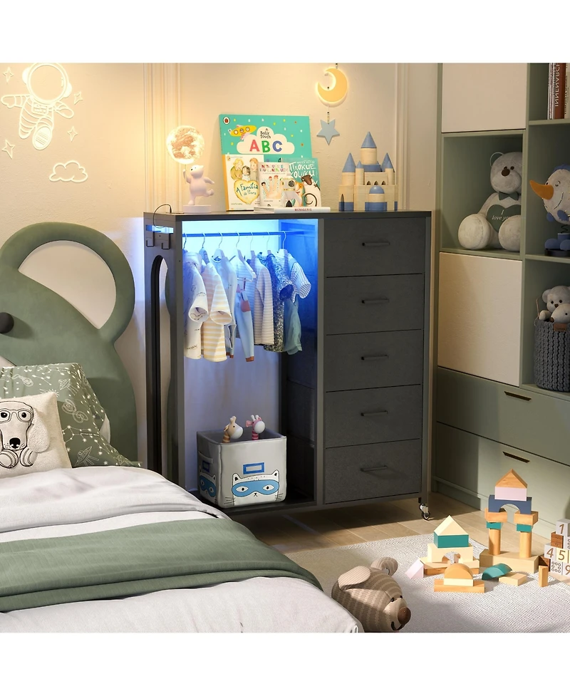 Aheaplus 45-Inch Rolling Dresser with Mirror, Closet Organizer 5 Fabric Drawers and Charging Station