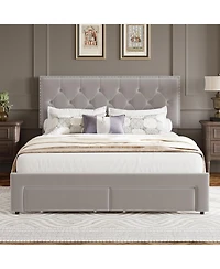 homfan Velvet Upholstered Bed Frame with 2 Storage Drawers, Adjustable Headboard and Wood Slats, Box Spring Not Required