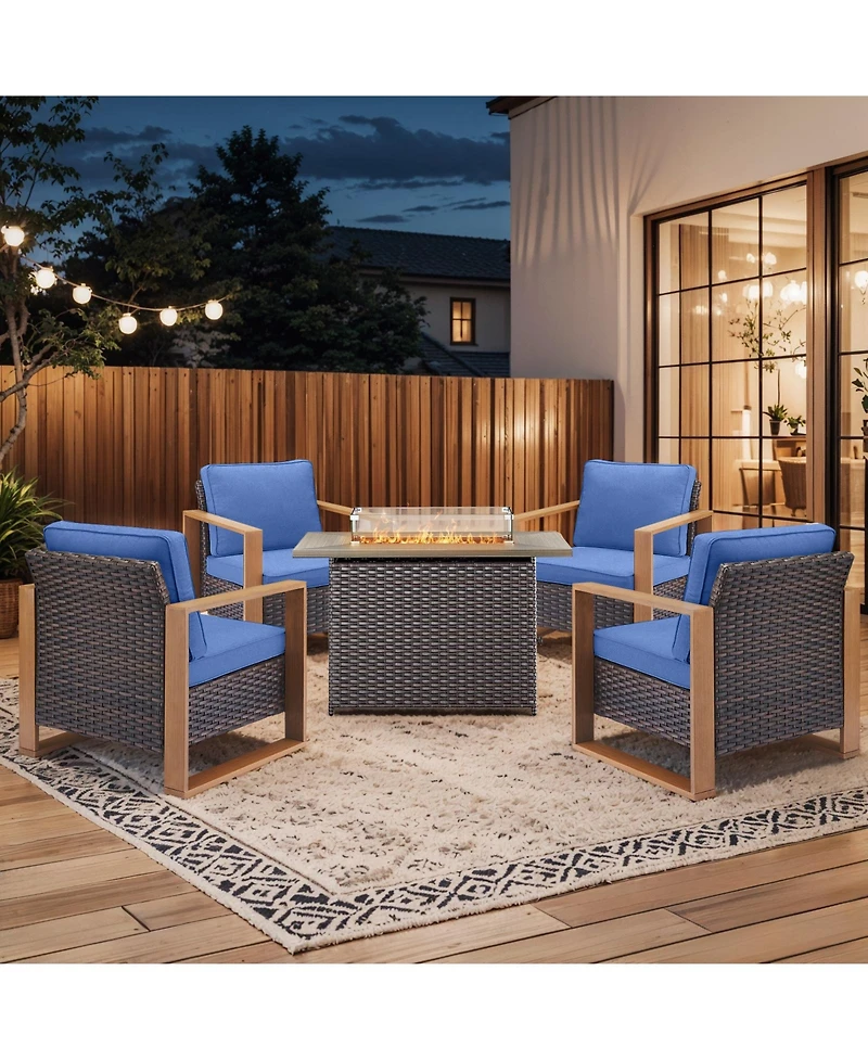 Pocassy Patio Resin Wicker Furniture Set with Fire Pit Table, Pe Rattan Swivel Chairs Propane Table,5PCS Conversation