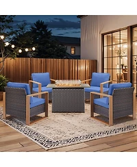 Pocassy Patio Resin Wicker Furniture Set with Fire Pit Table, Pe Rattan Swivel Chairs Propane Table,5PCS Conversation