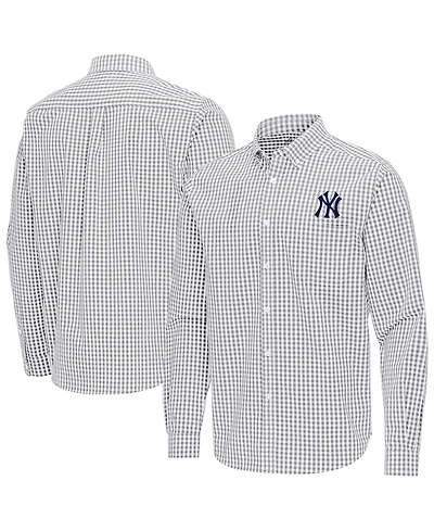 Antigua Men's Gray New York Yankees Ellis Woven Tri-Blend Button-Down Shirt