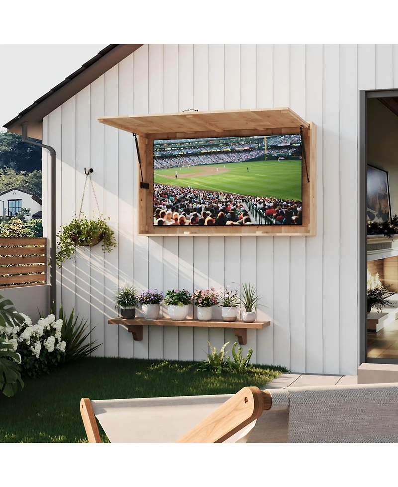 homfan Waterproof Wooden Outdoor Tv Enclosure for 44-55inch TVs, Fold-Up Door with Adjustable Telescopic Bracket, Wall-Mounted Storage Cabinet
