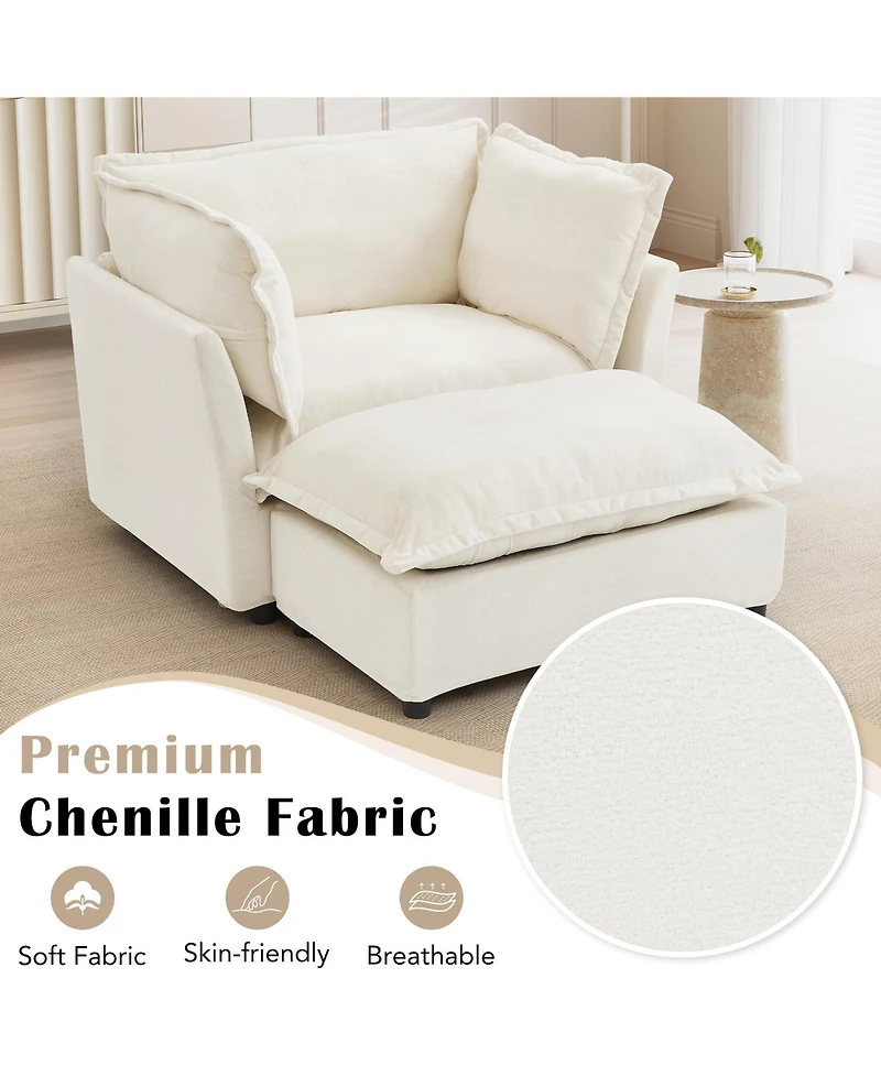 Rainsken Modern Single Sofa with Movable Ottoman, 47" Cozy Upholstered Chair Wide Seat, Curved Armrests and Soft Pillows for Living Room