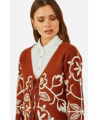 Yumi Women's Folk Embroidered Tie Front Cardigan