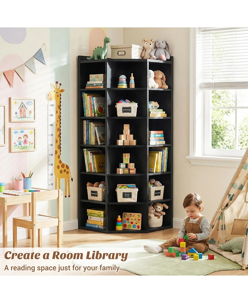 Aheaplus 6-Tier Corner Bookcase Cabinet with 18 Cubbies, Bookshelf Open Storage