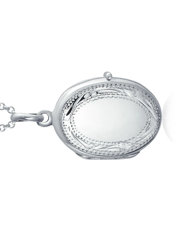 Bling Jewelry Sterling Silver Oval Photo Locket Necklace with Etched Leaf Scroll Design Holds Two Memory Pictures