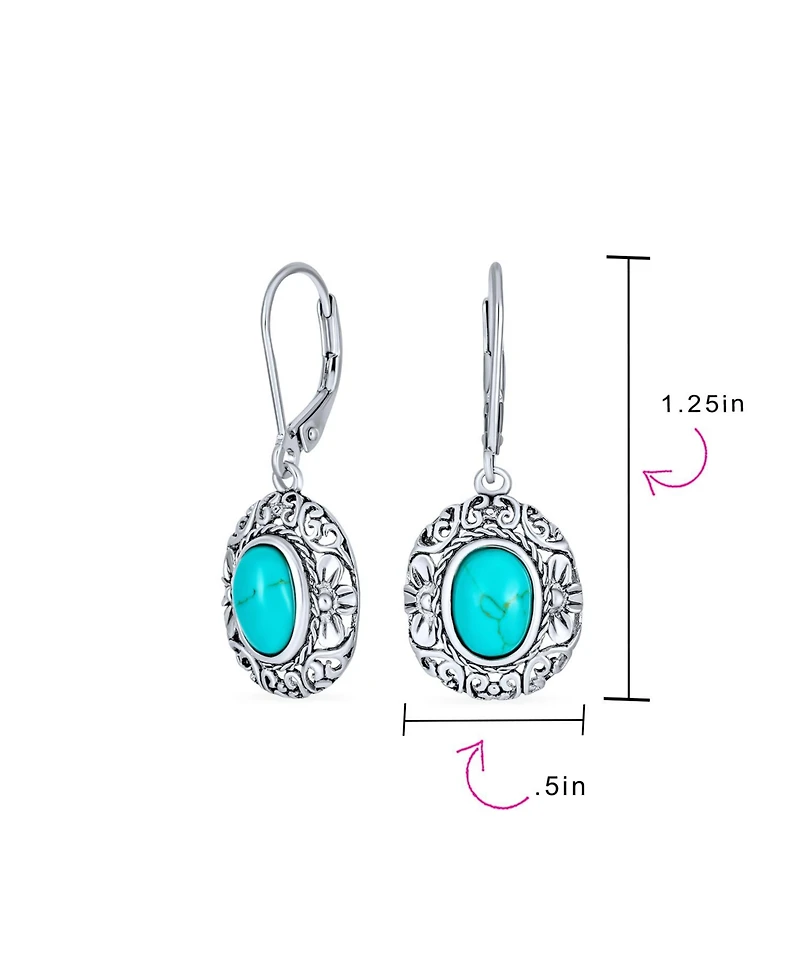 Bling Jewelry Bali Style Natural Oval Turquoise Floral Scroll Filigree Drop Earrings .925 Sterling Silver