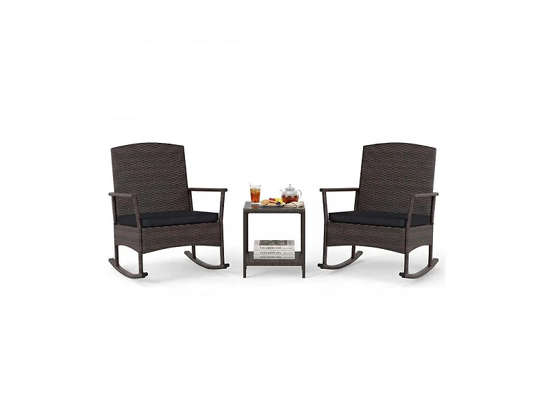 Lucky One 3 Piece Patio Rocking Bistro Set with Cushions 2 Tier Table Rattan Furniture