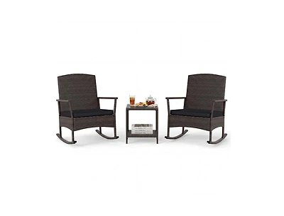 Lucky One 3 Piece Patio Rocking Bistro Set with Cushions 2 Tier Table Rattan Furniture