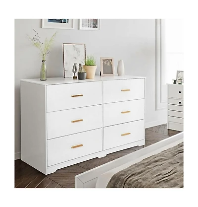 homfan 6-Drawer Modern Dresser Chest with Metal Handles, Wide Wooden Storage Cabinet Tv Stand for Bedroom, Living Room, Hallway