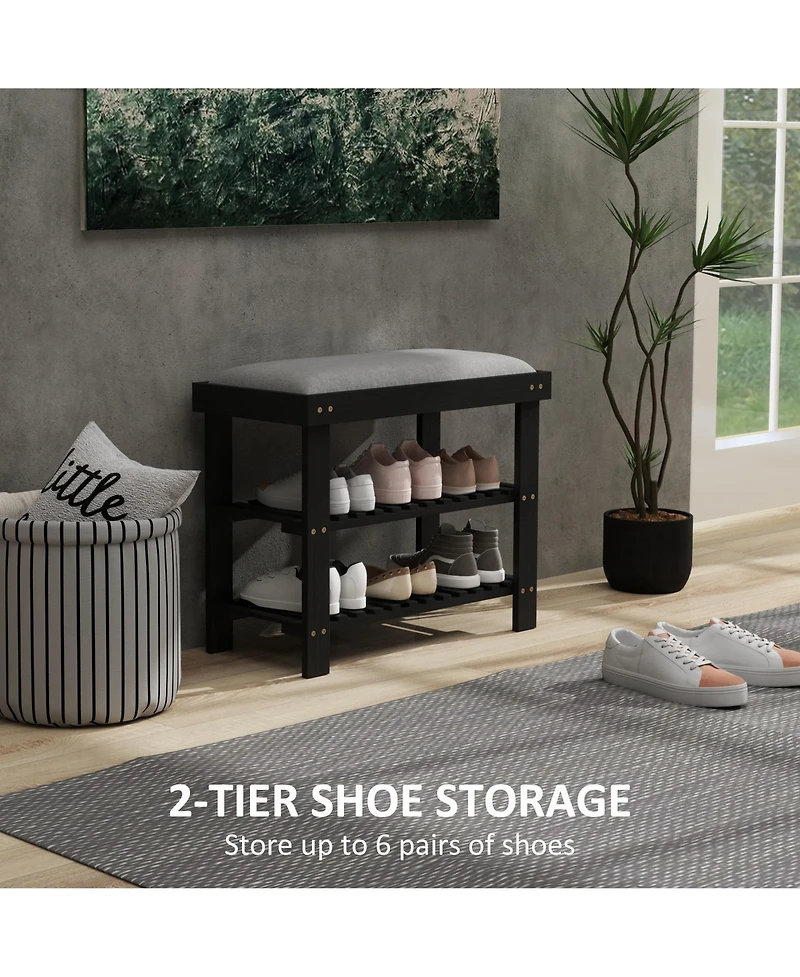 Homcom Bamboo Shoe Bench, Entryway Bench with Storage and Cushion