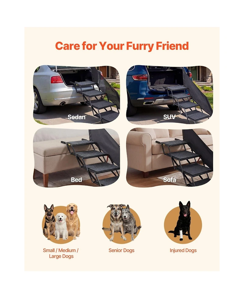 Cozito Dog Stairs for Car 4-Step Extra Wide Foldable Ramp with Rug Surface