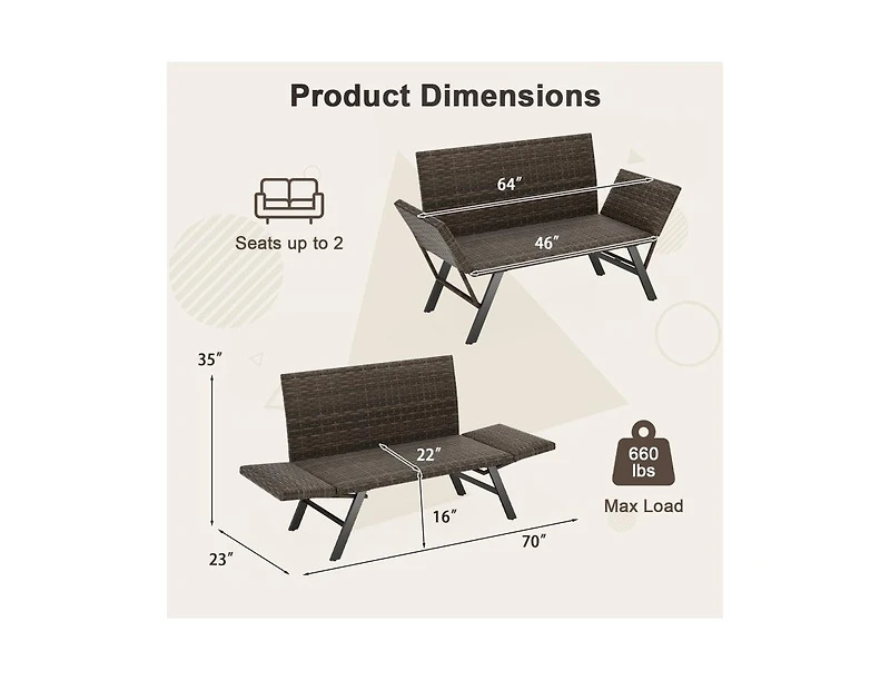 Lucky One 2-Person Convertible Patio Sofa Rattan Daybed with Adjustable Armrests