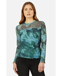 Yumi Women's Long Sleeve Floral Mesh Top