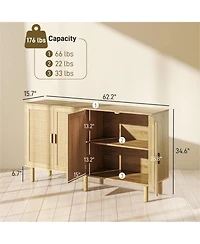 Clihome 62.2" Natural Rattan Storage Cabinet, 2-Door Sideboard Buffet Coffee Bar Cabinet