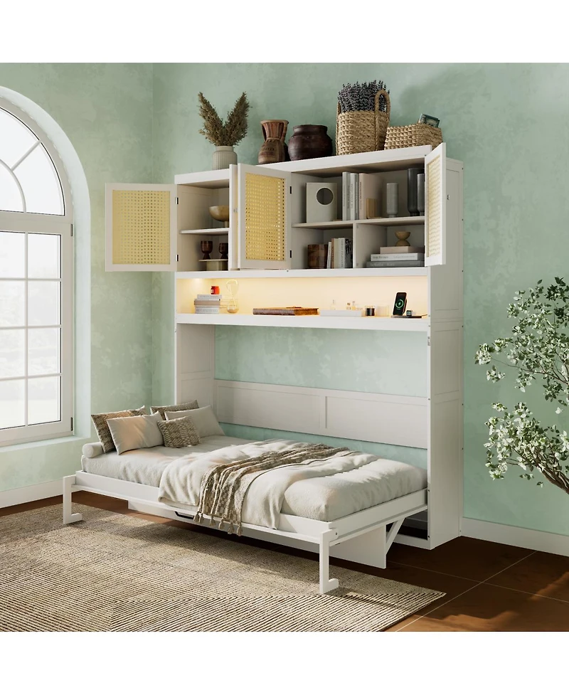 Streamdale Furniture Murphy Bed with Top Cabinet, Foldable, Light and Usb