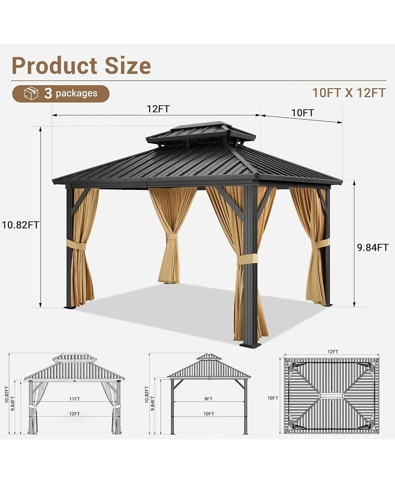 gaomon Hardtop Gazebo with Double Roof, Outdoor Gazebo for Patio, Metal Frame Gazebo Canopy with Netting and Curtains, Permanent Pavilion
