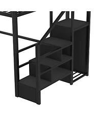 Streamdale Furniture Metal Full Loft Bed with Stairs, Wardrobe