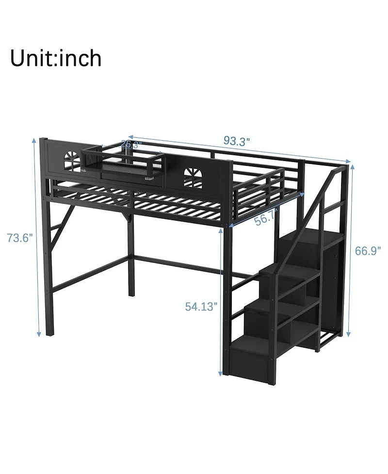 Streamdale Furniture Metal Full Loft Bed with Stairs, Wardrobe