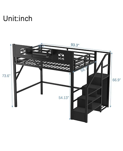 Streamdale Furniture Metal Full Loft Bed with Stairs, Wardrobe