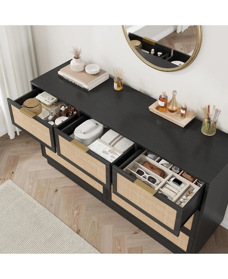 gaomon Farmhouse Rattan Tv Stand for 75 Inch Tv, Wooden Media Entertainment Center with 7 Storage Drawers