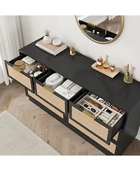 gaomon Farmhouse Rattan Tv Stand for 75 Inch Tv, Wooden Media Entertainment Center with 7 Storage Drawers