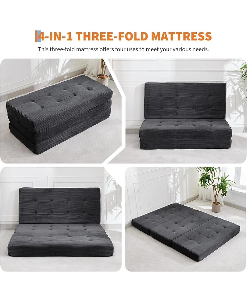 gaomon Corduroy Queen Tri-Folding Sofa Bed and Compressed Mattress - Multifunctional Floor Folding Couch for Small Apartment, Home Office