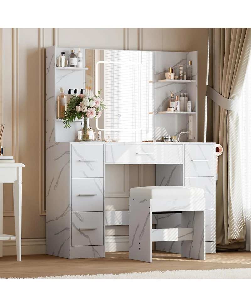gaomon 43" Large Vanity Desk with 3 Colors Led Light and Mirror - Set Power Outlet Hairdryer Rack Makeup Table