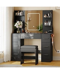 gaomon 43" Large Vanity Desk with 3 Colors Led Light and Mirror - Set Power Outlet Hairdryer Rack Makeup Table