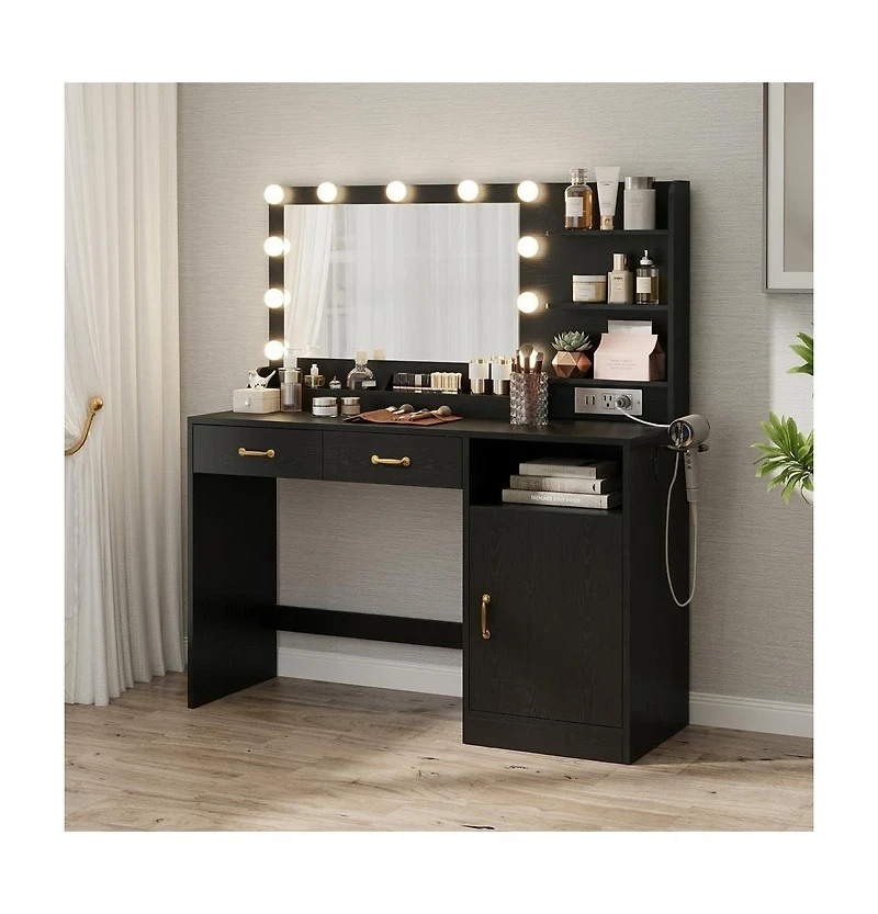 gaomon Vanity Desk with Lighted Mirror and Charging Station, Wooden Makeup Vanity Table with 11 Dimmable Bulbs, 3 Drawers, Cabinet, Open Shelves