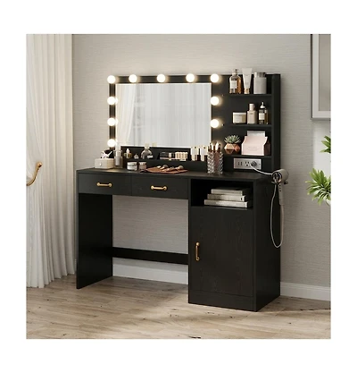 gaomon Vanity Desk with Lighted Mirror and Charging Station, Wooden Makeup Vanity Table with 11 Dimmable Bulbs, 3 Drawers, Cabinet, Open Shelves