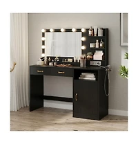 gaomon Vanity Desk with Lighted Mirror and Charging Station, Wooden Makeup Vanity Table with 11 Dimmable Bulbs, 3 Drawers, Cabinet, Open Shelves