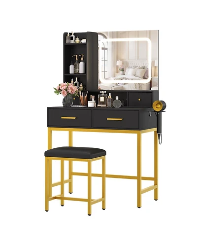 gaomon Makeup Vanity Desk with Mirror and Lights, 3-Color Led, 4 Drawers, 2 Shelves, Charging Station, for Bedroom