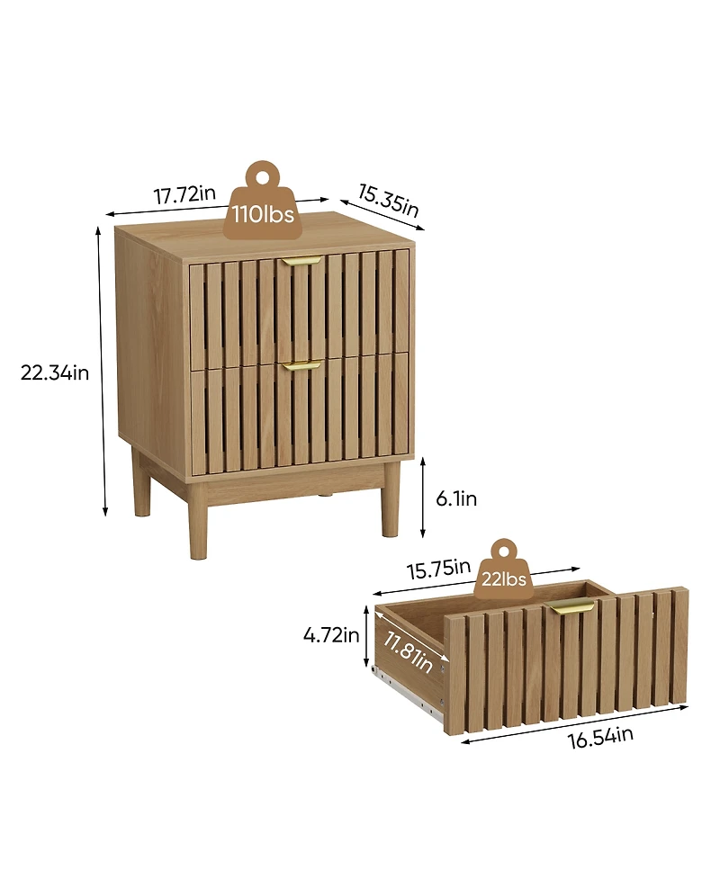 Streamdale Furniture Mid-Modern Oak Bedside Table with Grille Design, 2-Drawer Set