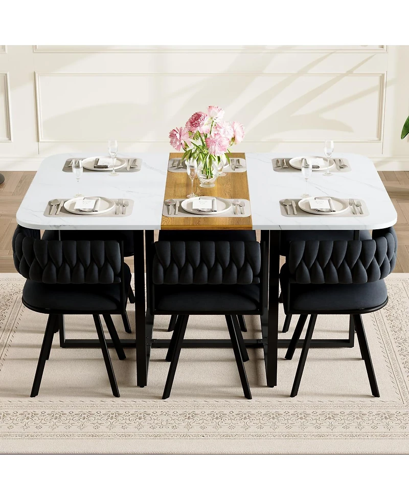 Streamdale Furniture 7 Piece Rectangular Faux Marble Dining Set with 6 Velvet Chairs