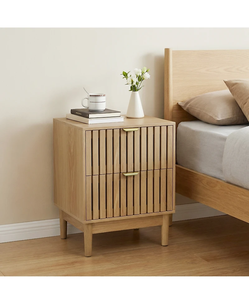 Streamdale Furniture Mid-Modern Oak Bedside Table with Grille Design, 2-Drawer Set