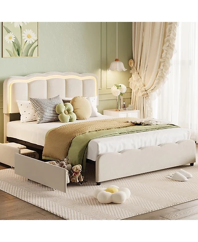 homfan Bed Frame with 2 Storage Drawers, Led Lights, Upholstered Bed with Adjustable Headboard, Wood Slats, No Box Spring