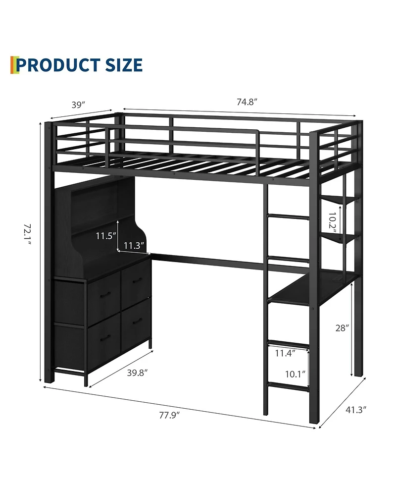 homfan Loft Bed with Desk, Metal Led Lights, 4 Large Fabric Drawers and Open Shelves, Power Outlets Safety Guardrails