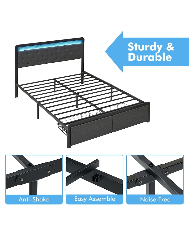 homfan Full Bed Frame with 2 Storage Drawers, Rgb Led Lights, Upholstered Button-Tufted Headboard, Easy Assembly, No Box Spring Needed