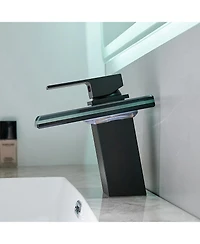 Phying Bathroom Sink Faucet Led Light 3 Colors Changing Waterfall Glass Spout Hot Cold Water Mixer Single Handle One Hole Deck Mounted Bathroom Faucet