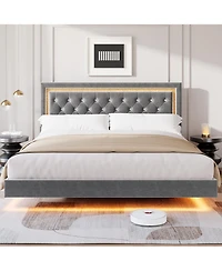 homfan Modern Floating Platform Bed Frame with Diamond Upholstered Headboard, Smart Led Lights, Sturdy Wood Slats