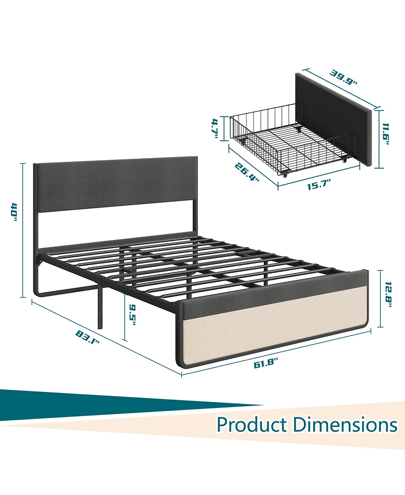 homfan Modern Upholstered Platform Bed, Queen Size, Linen Headboard, 2 Storage Drawers, Heavy-Duty Slats, Noise-Free