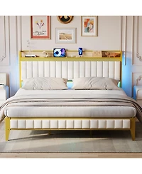 homfan Modern Upholstered Platform Bed with Storage Headboard, Led Lighting and Built-in Charging Station