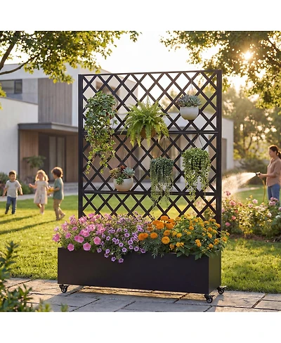 Streamdale Furniture Metal Raised Garden Bed with Wheels, Trellis, and Privacy Screen, 73"x47"x16