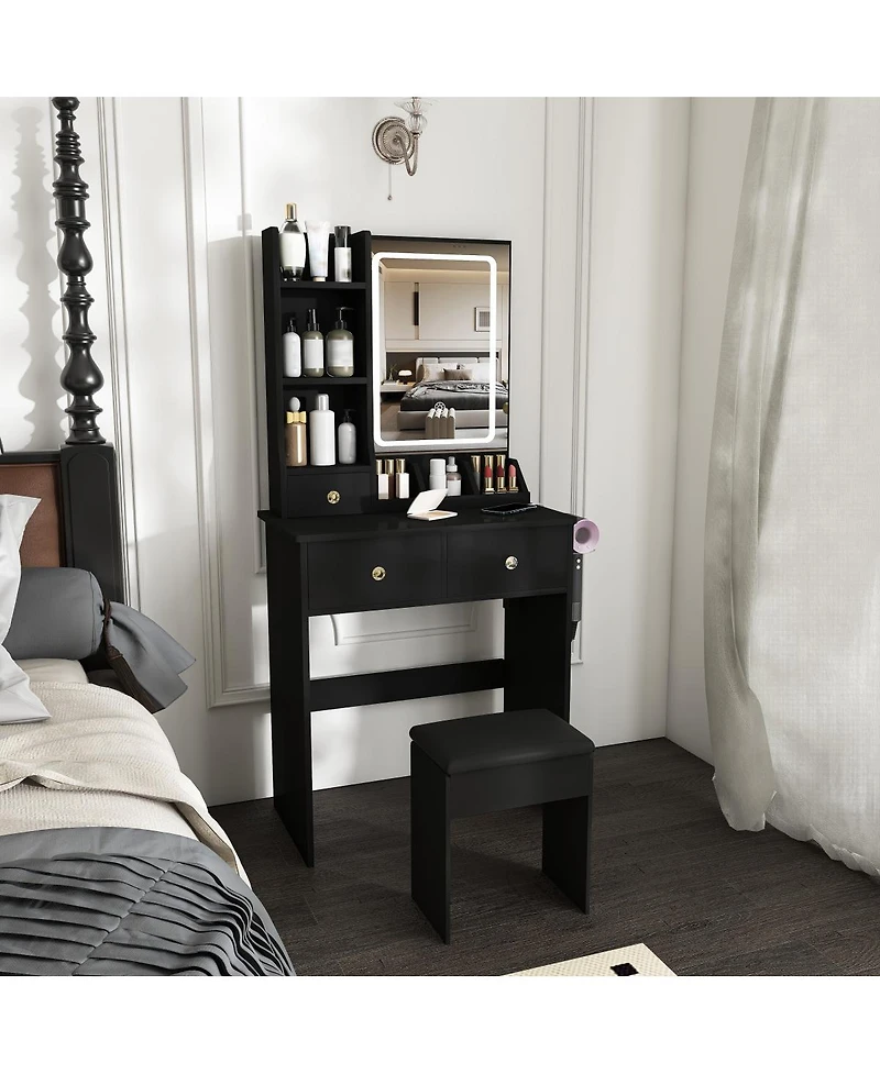 Streamdale Furniture Modern Vanity Desk with Led Mirror, 3 Drawers, Storage Shelves and Stool