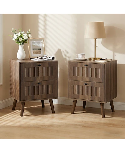 Streamdale Furniture Mid-Century Modern 2-Drawer Bedside Table, Walnut, 2-Pack