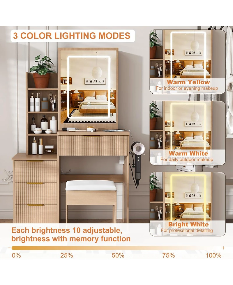 Streamdale Furniture Modern Vanity Desk with Led Mirror, 4 Drawers, Shelves, and Stool